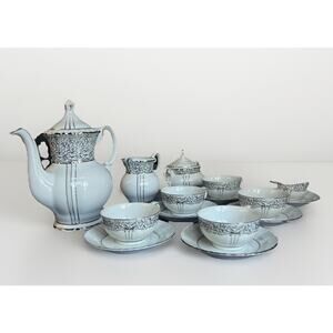 Seyei Japan Tea Set Fine China 15pc Vintage White Platinum Trim Teapot Cups